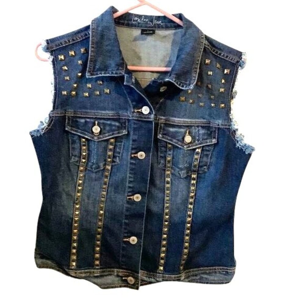 London Jean Womens Studded Denim Vest Sleeveless Button-Up Jacket Size S